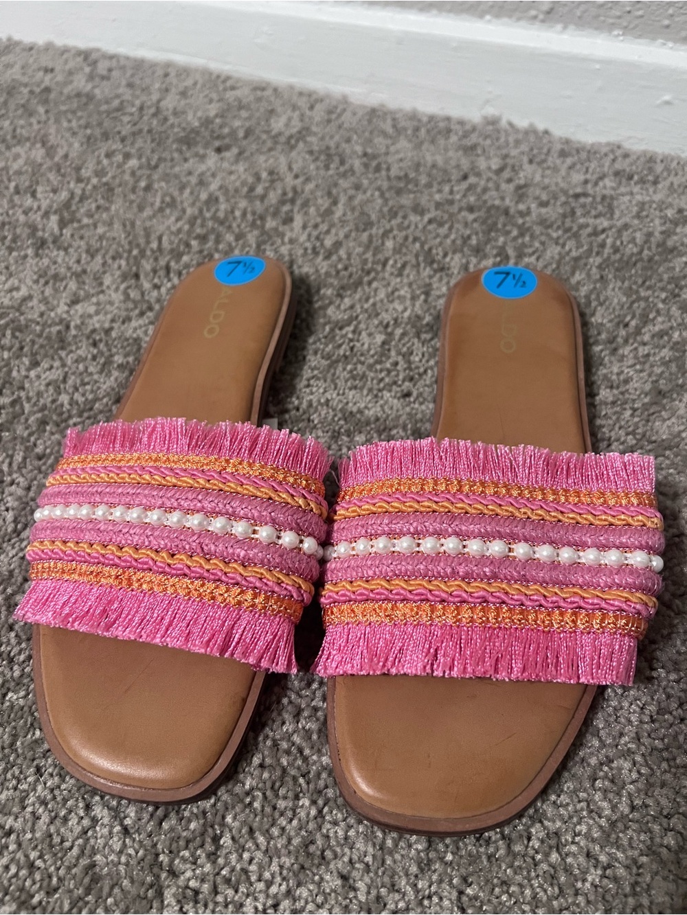 ALDO Pink Fringe Slide Sandals with Pearl Trim